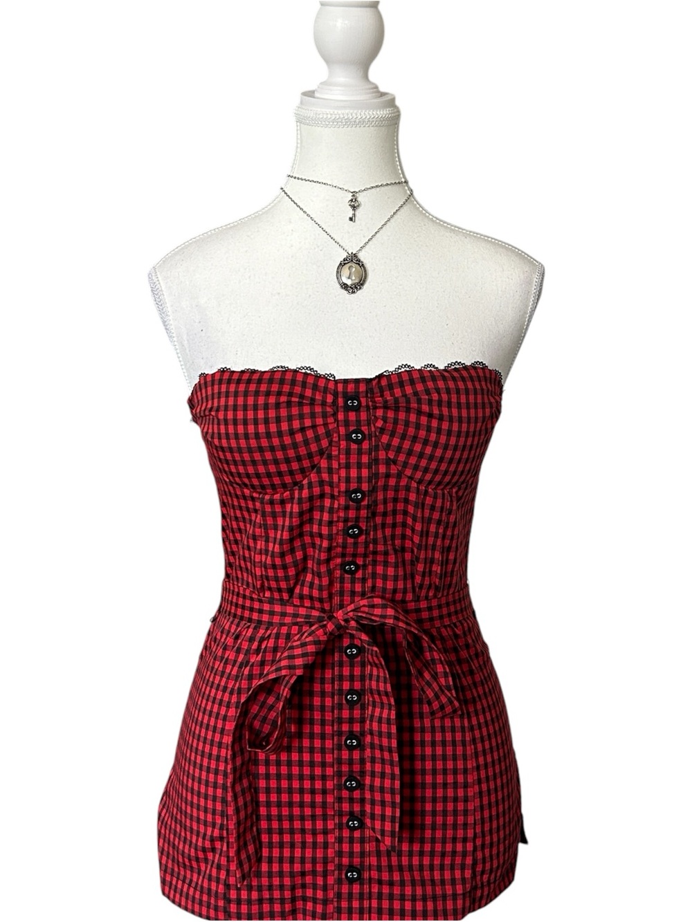 Y2K “Seductions” Red and Black Tartan Print Lace Trim Tube Top